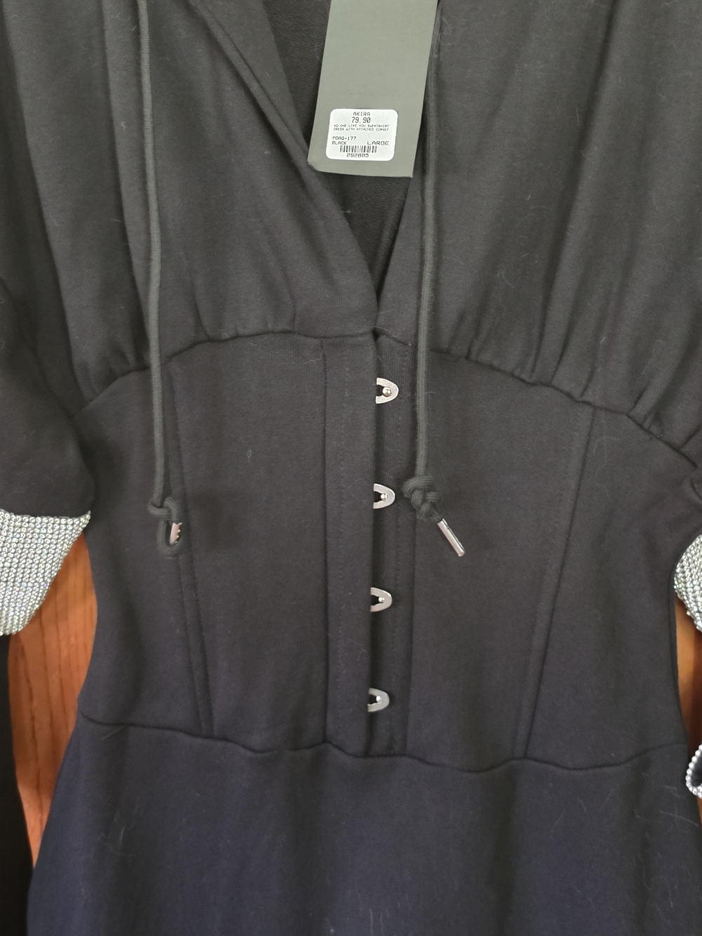 AKIRA Black Hooded Pullover with Corset Front and Rhinestone Trim - Picture 8 of 16